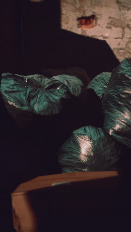 close up of green trash bags in the shadows