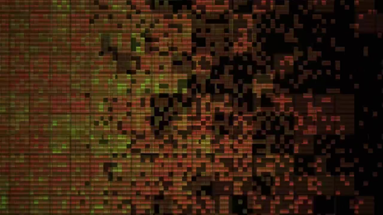 Dynamic Digital Pixel Grid with Red and Green Blocks Dissolving