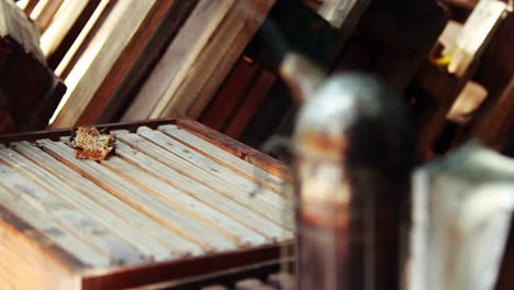 Close-up-of-beehive-box-and-smoker