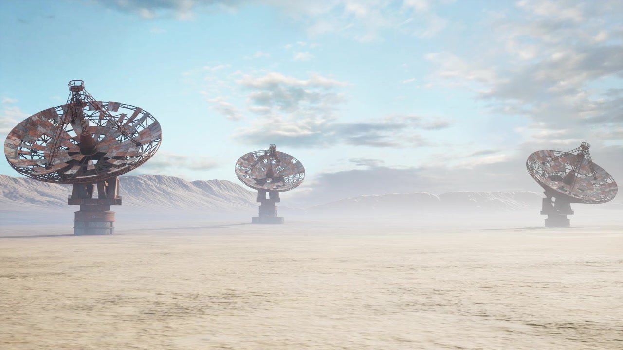 Pastel sky casts shadows over futuristic metallic desert installations