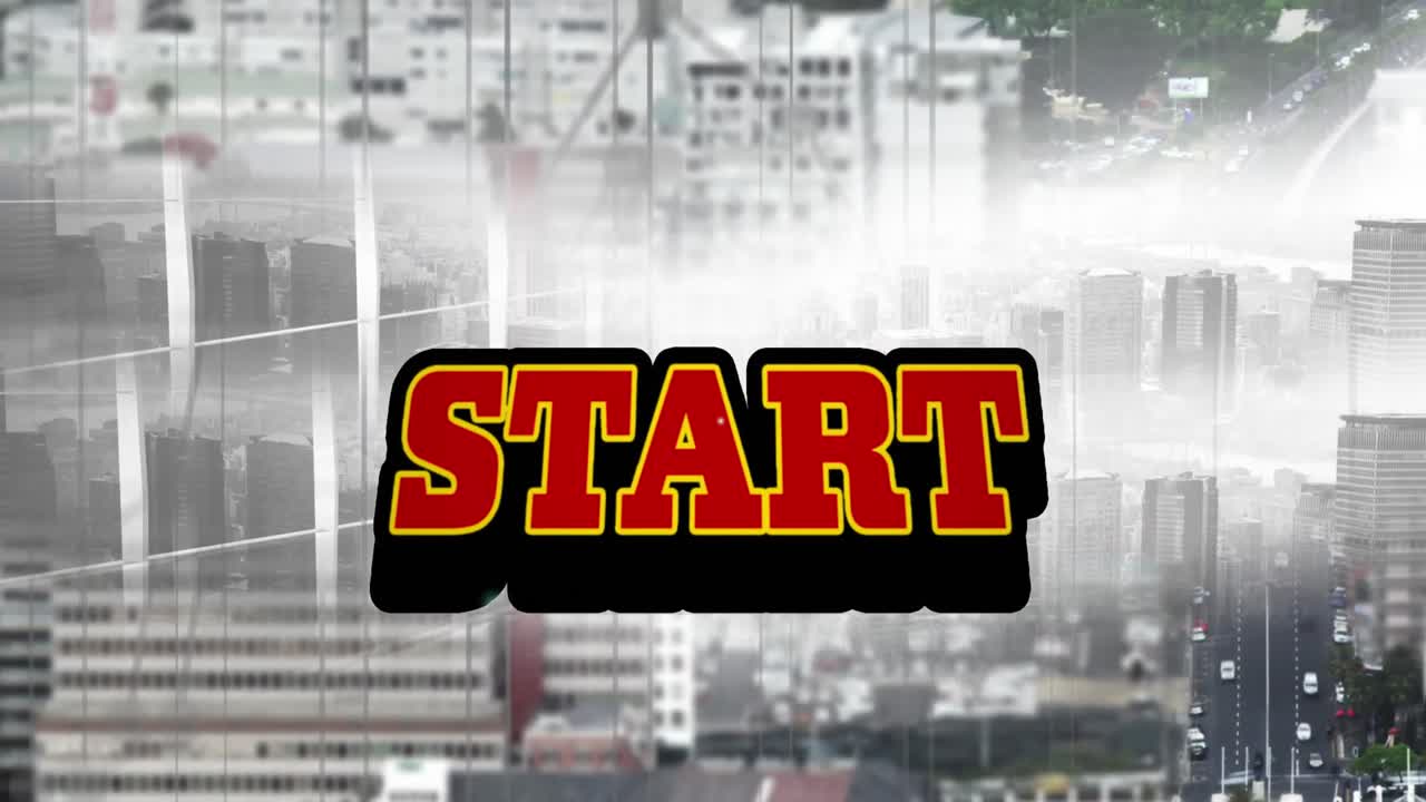 animación del texto de inicio sobre el fondo del paisaje urbano