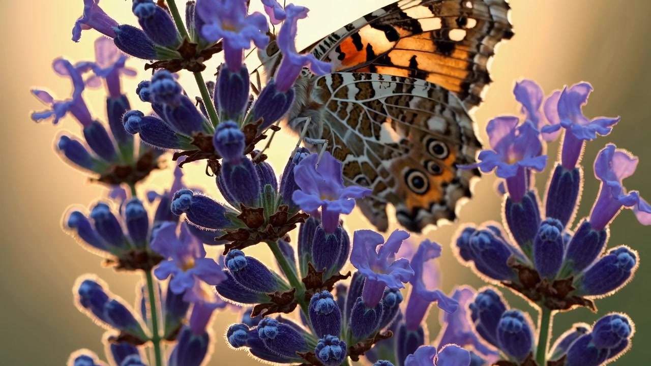 Vanessa del cardo che si nutre di fiori di lavanda al tramonto