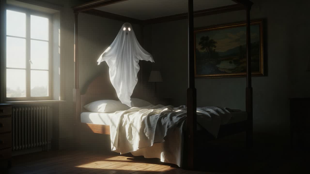 A Haunting Presence: A Ghostly Figure Seen Floating in a Dimly Lit Bedroom with a Four-Poster Bed and Soft Sunlight Streaming Through the Window