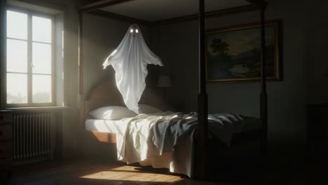 a haunting presence: a ghostly figure seen floating in a dimly lit bedroom with a four-poster bed and soft sunlight streaming through the window