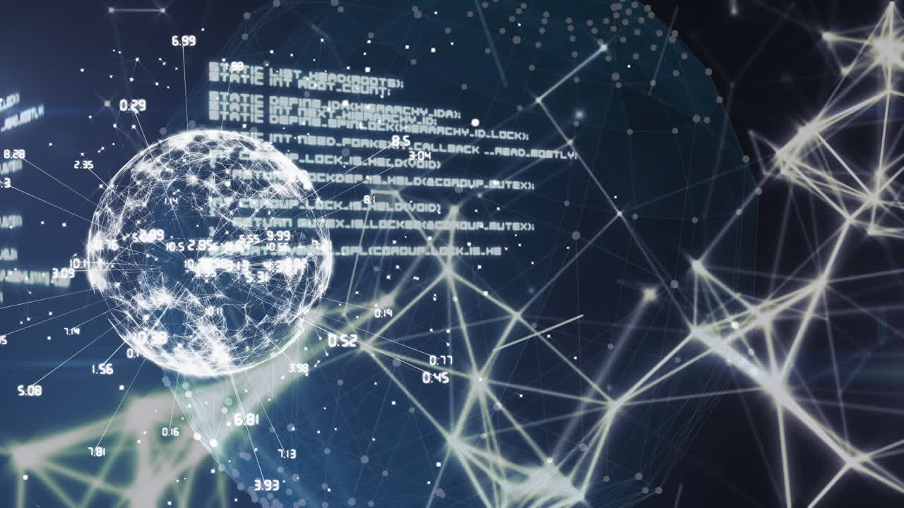 회전하는 지구에 대한 연결 네트워크와 데이터 처리의 디지털 애니메이션