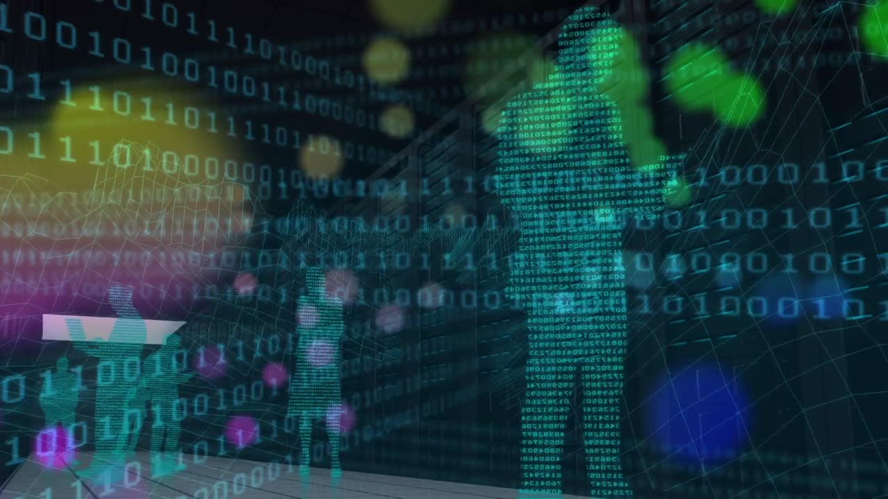 Animation of binary code, human silhouettes and lights moving over black background