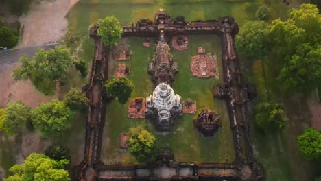 AERIAL:-top-down-shot-of-an-ancient-temple-in-Thailand-at-dawn