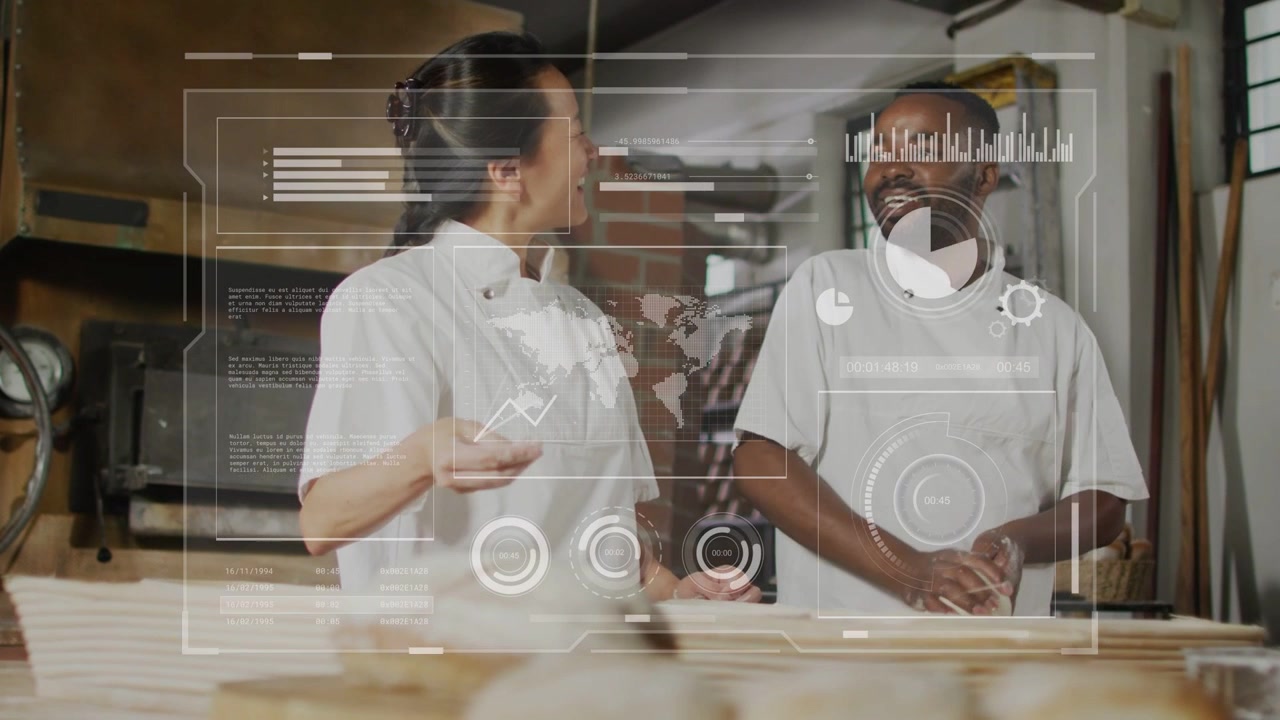 Woman baker teaching by reaching hands colleague kneading dough HUD highlighting hands with charts