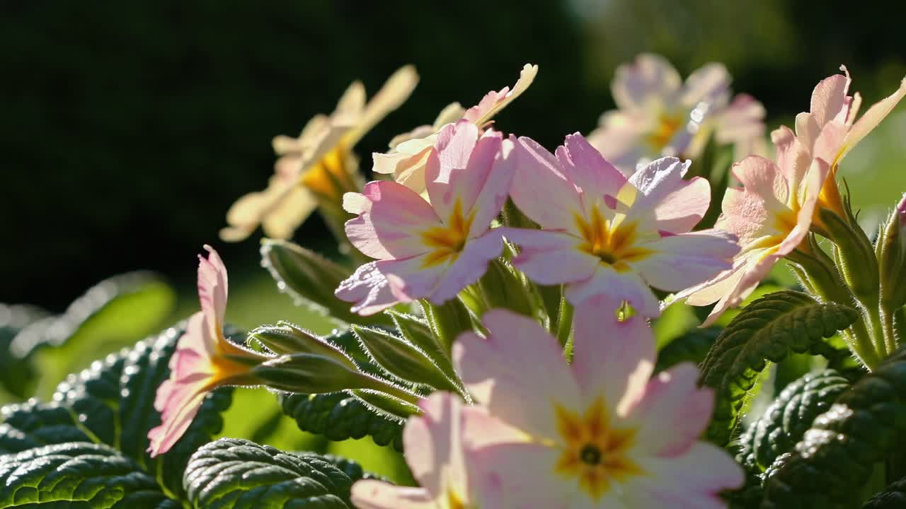 Nærbildevideo av blomstrende primulaer, med sollys som fremhever kronblader og blader.