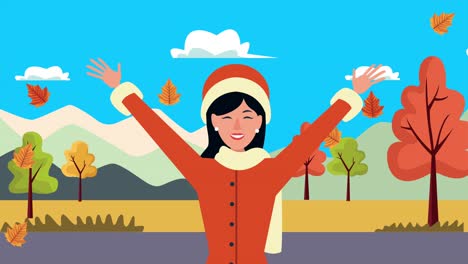 hola animación de otoño con mujer hermosa y árboles escena de paisaje