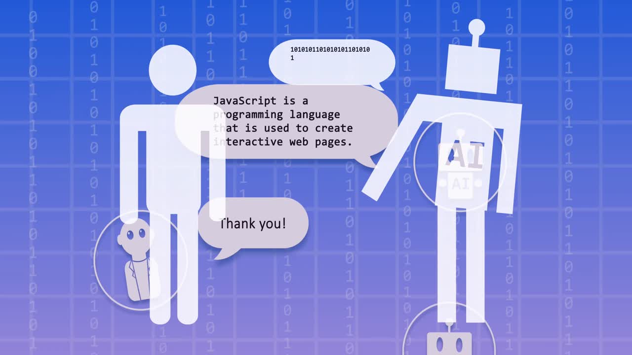 파란색 배경에 바이너리 코딩을 통해 ai 데이터 처리의 애니메이션