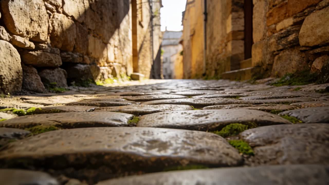 Telecamera bassa che si muove verso un'apertura luminosa in un vicolo stretto, rivelando ciottoli muschiosi.