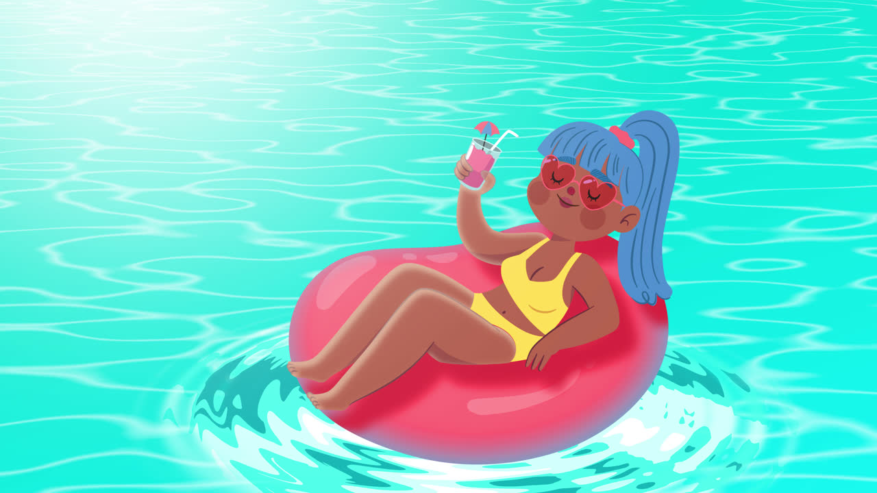 Cartoon Girl Relaxing in a Pool with a Drink