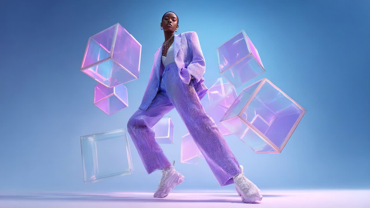 A striking portrayal of modern fashion artistry featuring a model donned in a stylish lavender suit, surrounded by hovering geometric cubes, creating a captivating and ethereal visual experience