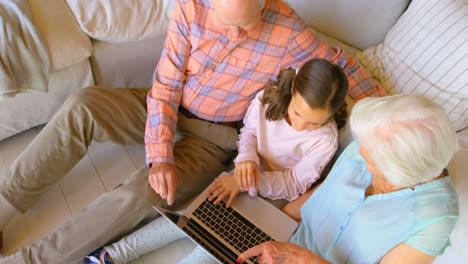 High-angle-view-of-Caucasian-multi-generation-family-using-laptop-in-a-comfortable-home-4k