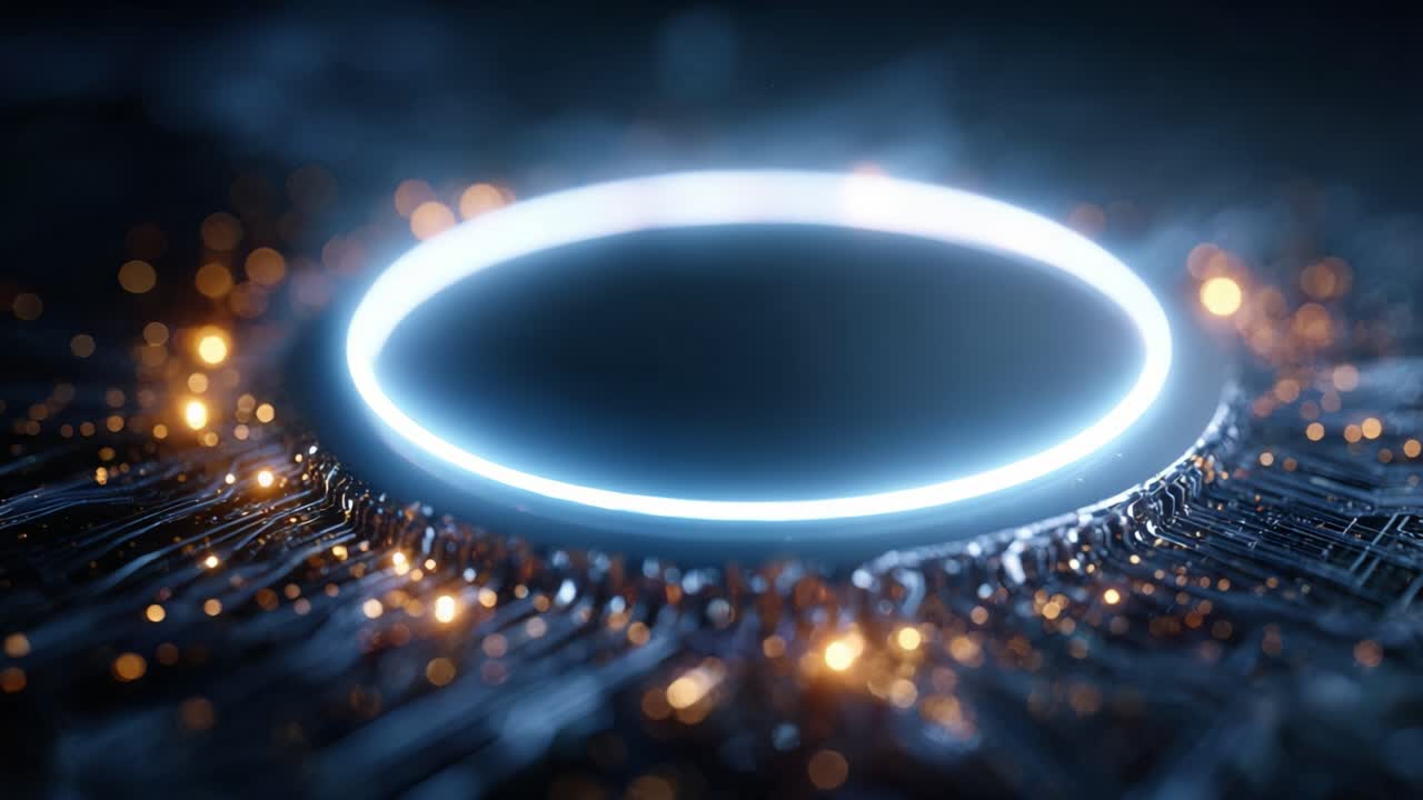 A mesmerizing close-up of a glowing circular design emanating light against a dark metallic background, showcasing intricate details and a futuristic aesthetic