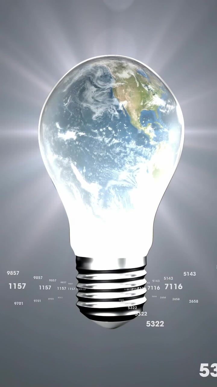 Vertical video: Bulb with spinning globe starting, casting fading rays, moving digits showing ideas