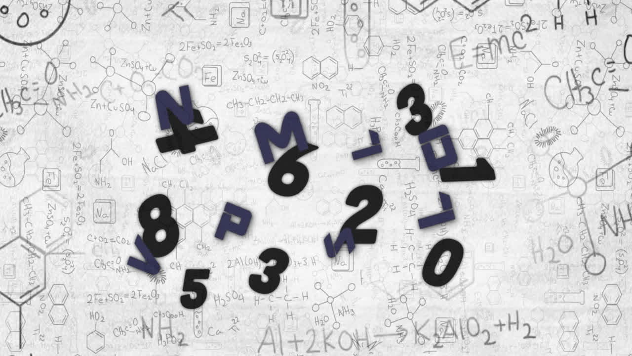 números y letras animados flotan sobre estructuras químicas para la educación.