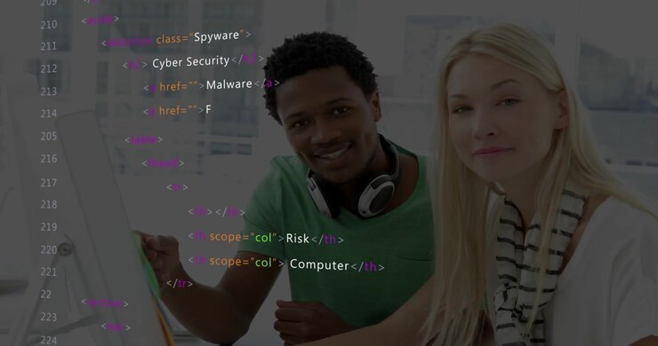 Code overlay appearing, man pointing and woman tapping touchscreen at desk, reviewing malware risks