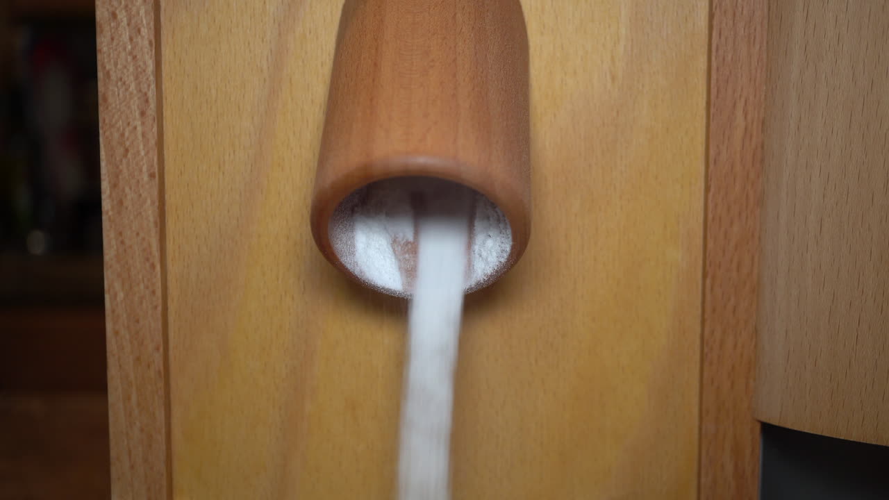 Farine de riz fraîchement moulue s'écoulant d'une machine à moudre dans un bol en verre pour préparer des douceurs saines
