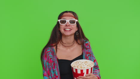 Woman-in-3D-glasses-eating-popcorn-and-watching-interesting-tv-serial,-sport-game-film,-online-movie