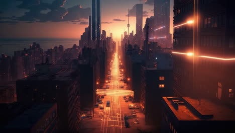 futuristic city street at sunset with glowing lights