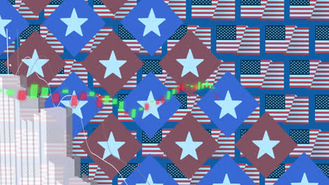 animation of statistics processing over flags of united states of america