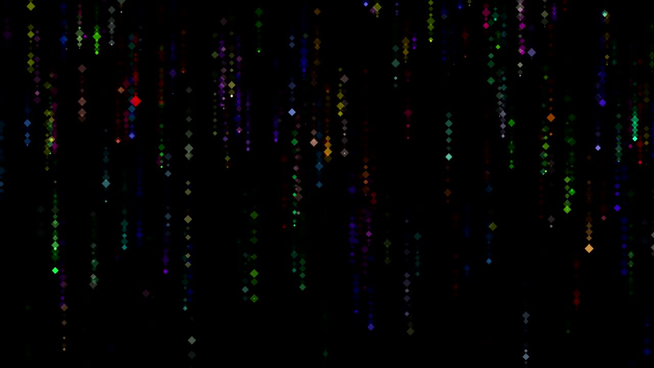 Abstract background. Motion Graphic of Twinkling, glittering, colorful, rhombus shape particles falling down with matrix effect on black background