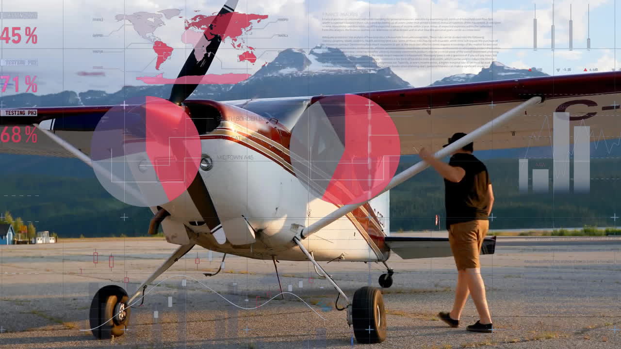 animación de cartas que procesan datos sobre aviones pequeños en el campo