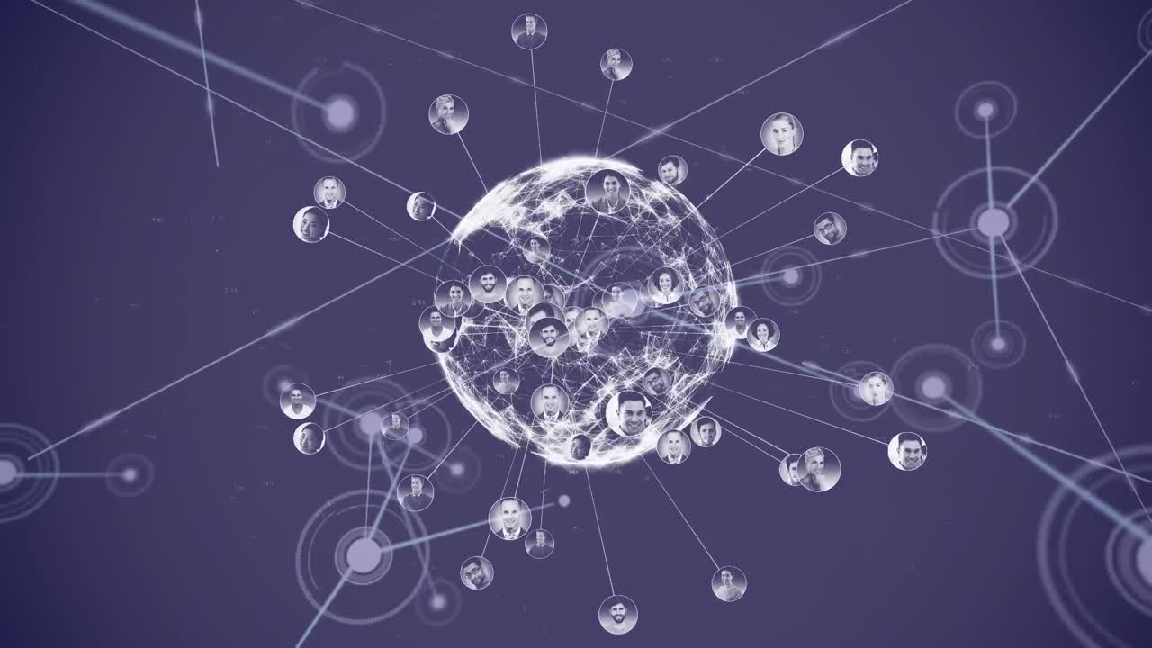 파란색 배경 위에 아이콘과 글로브로 연결된 네트워크의 애니메이션