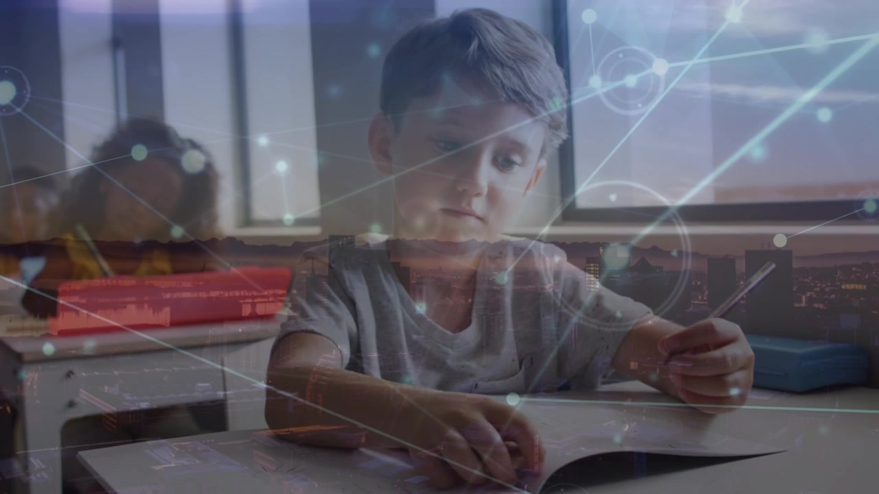 Animation of network of connections over caucasian boy learning at school