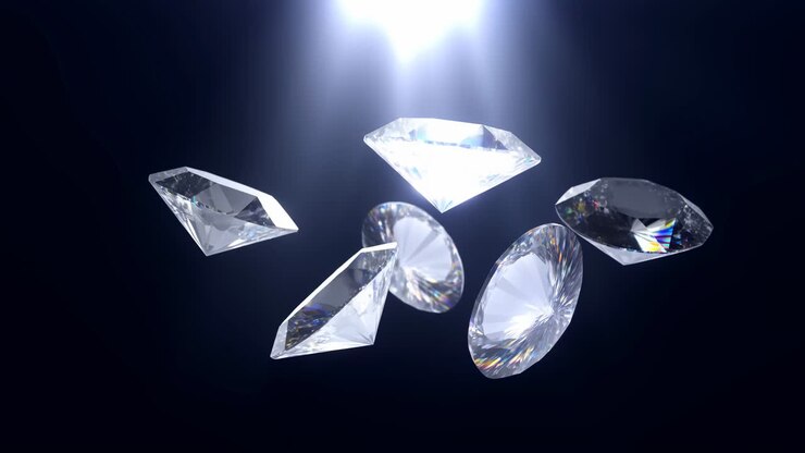 Sparkling Diamonds Rotating and Reflecting Light on a Dark Background