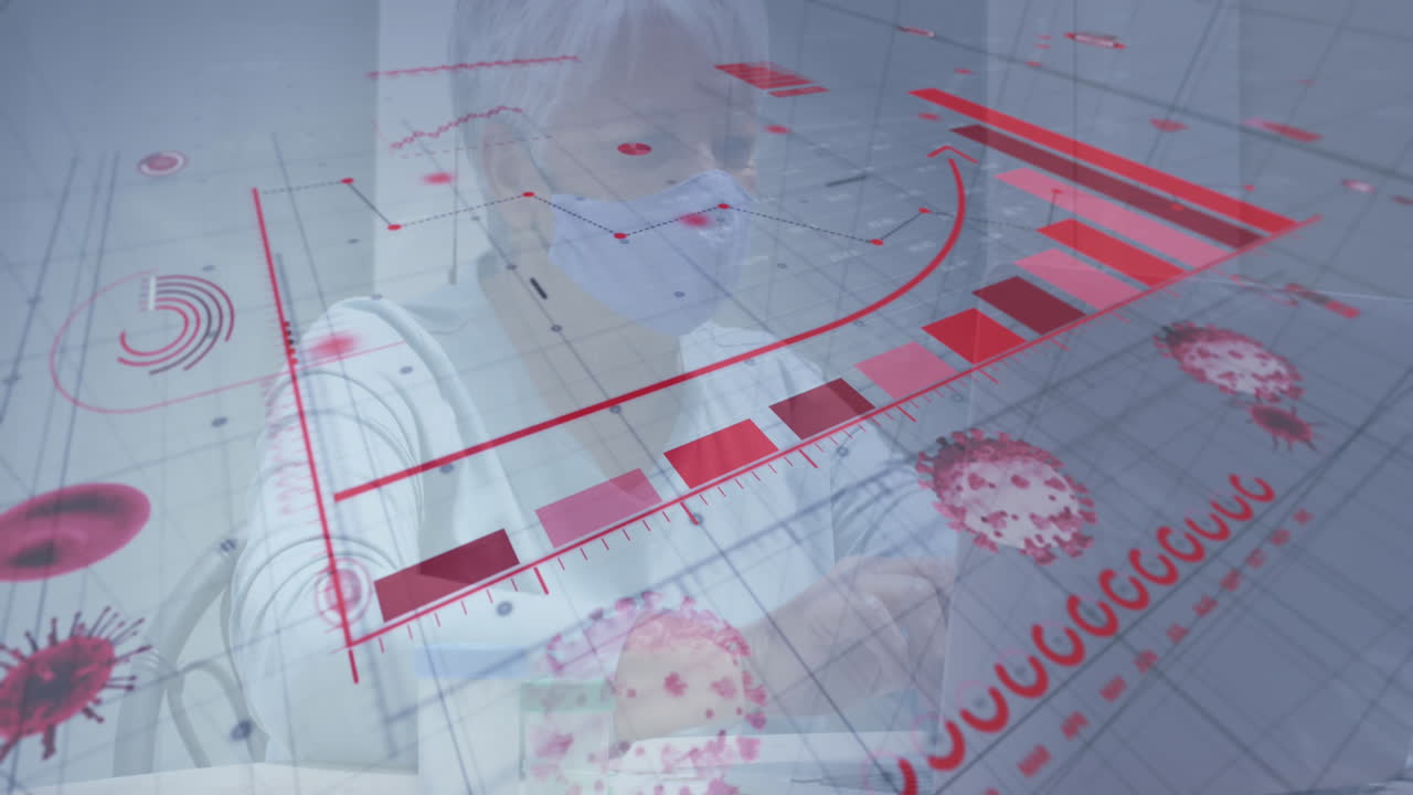 animación de gráfico y células del virus covid 19 sobre mujer con máscara facial usando computadora portátil
