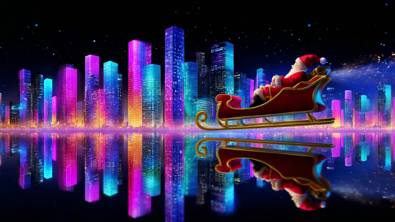A Magical Night Scene Featuring a Sleigh Gliding Through a Colorful Cityscape with Glittering Reflections and Vibrant Lights, Perfectly Capturing the Spirit of the Holiday Season and Festive Cheer