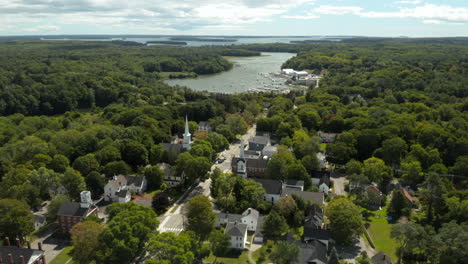 High-Pan-Drone-Footage-at-Yarmouth-Downtown,-Maine,-Presumscot-River,-USA