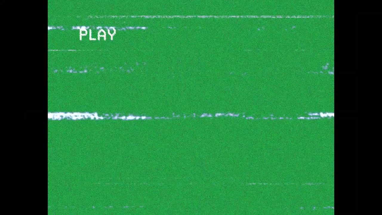 Schermo retrò con scritta PLAY, bande e grana che si spostano su sfondo trasparente, imitando un nastro.
