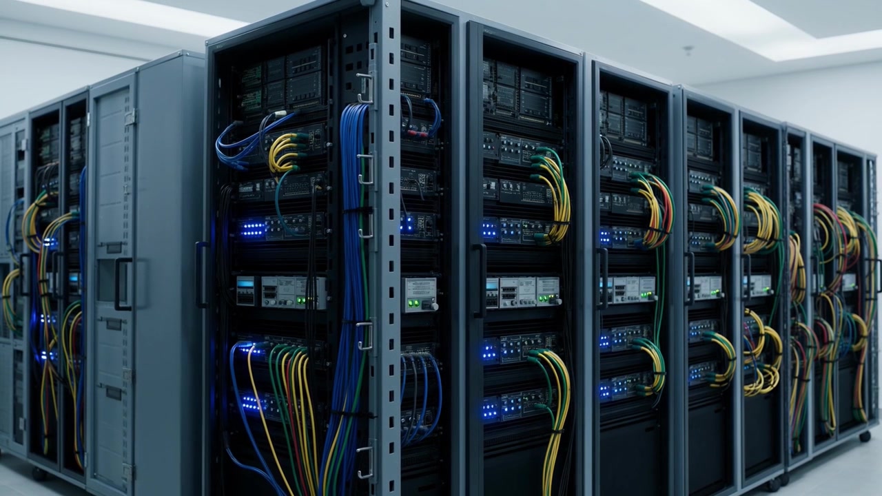 Rows of Server Racks with Blinking Lights and Network Cables