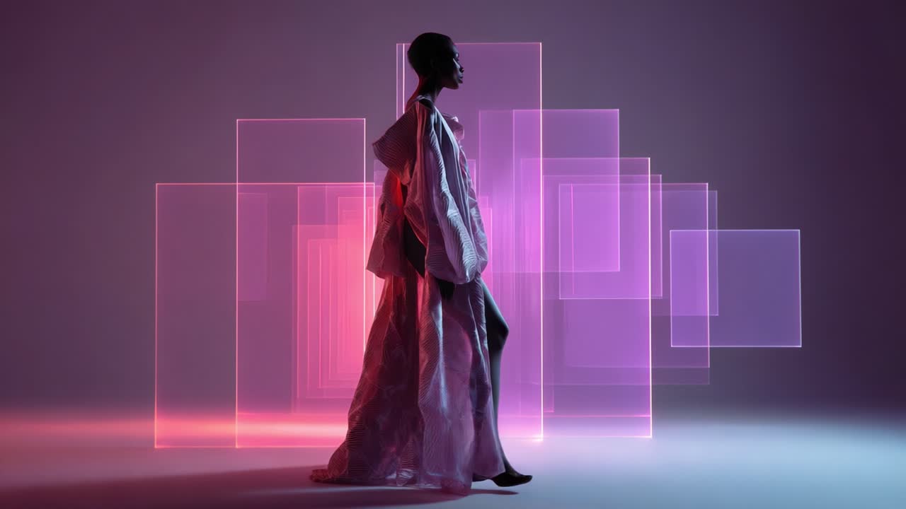 A striking visual of a model adorned in elegant fashion, captured in a surreal atmospheric setting with vibrant colored geometric shapes, highlighting the interplay of light and fabric in a captivating artistic presentation