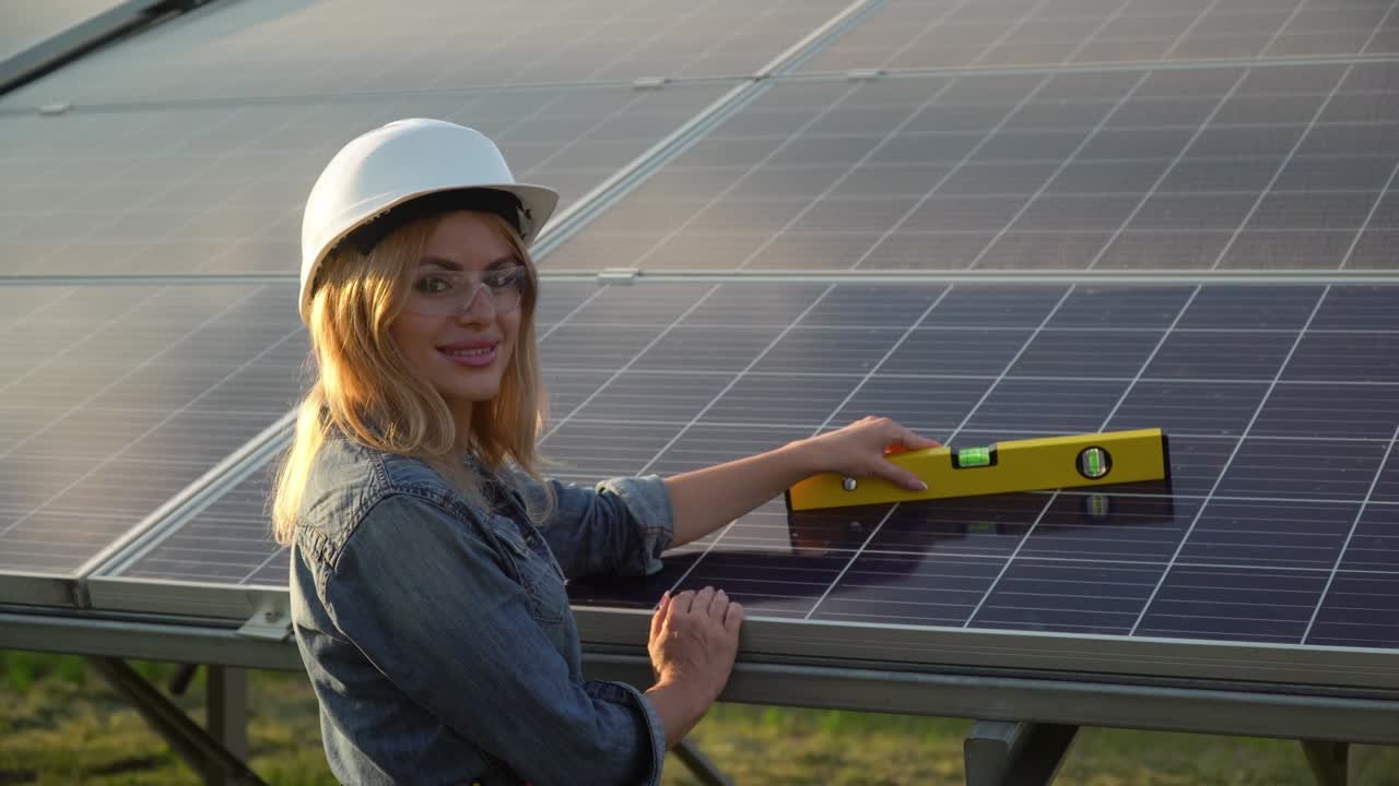 ingeniera inspector de mujer en un casco blanco comprobar el nivel vertical del panel solar por nivel de espíritu. el concepto de energía verde