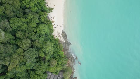 aerial head shot of pasir tengkorak beach in turquoise color, langkawi, malaysia