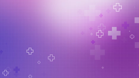 seamless purple background pattern white plus symbols of different sizes and opacity. loop animation with grid. copy space.