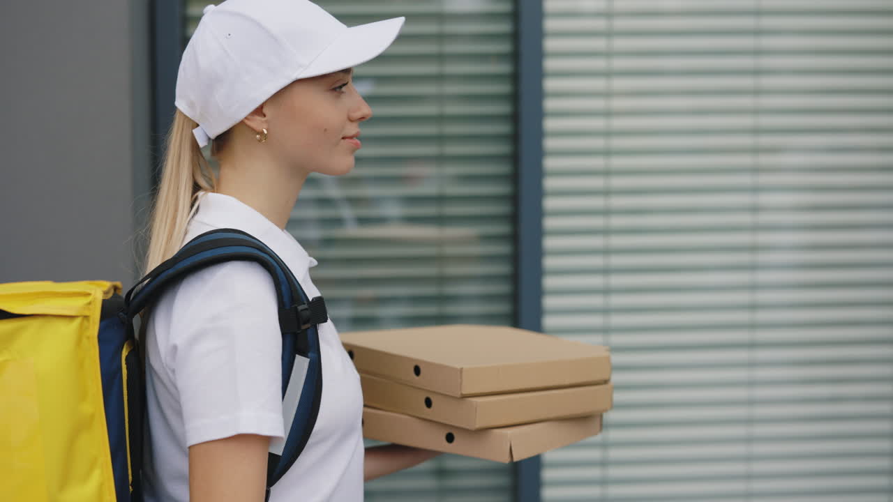 женщина, доставляющая пиццу.