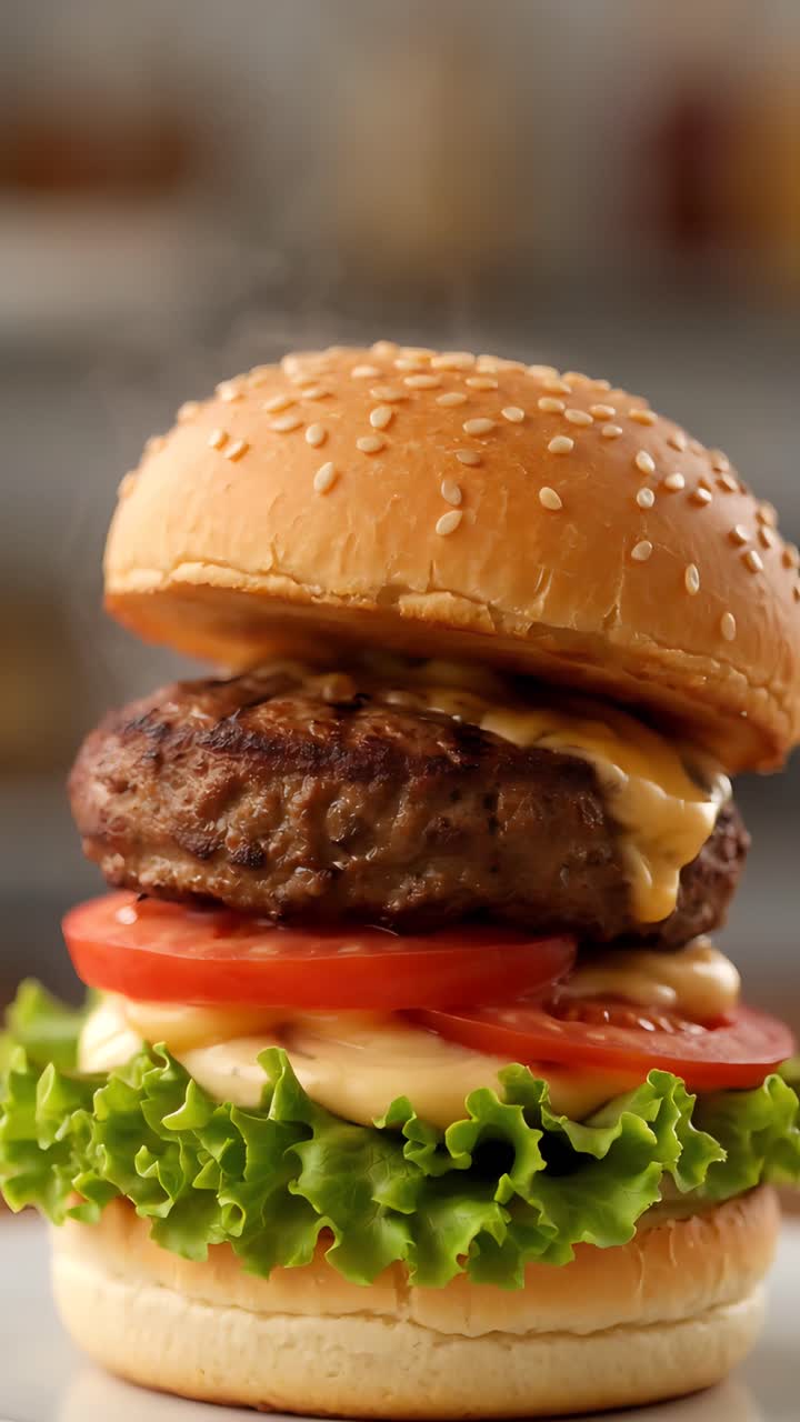 Hamburger Succoso Primo Piano Sfondo Bokeh 4K