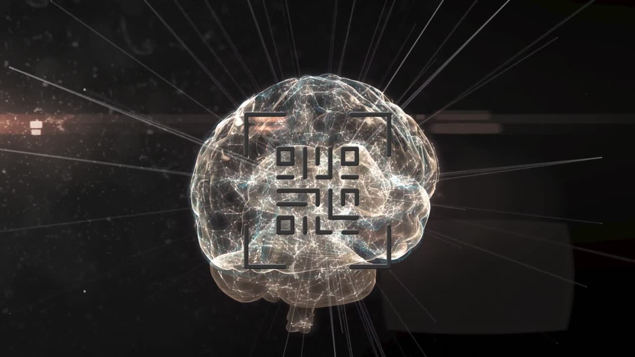 Animation of glowing human brain with qr code digital interface