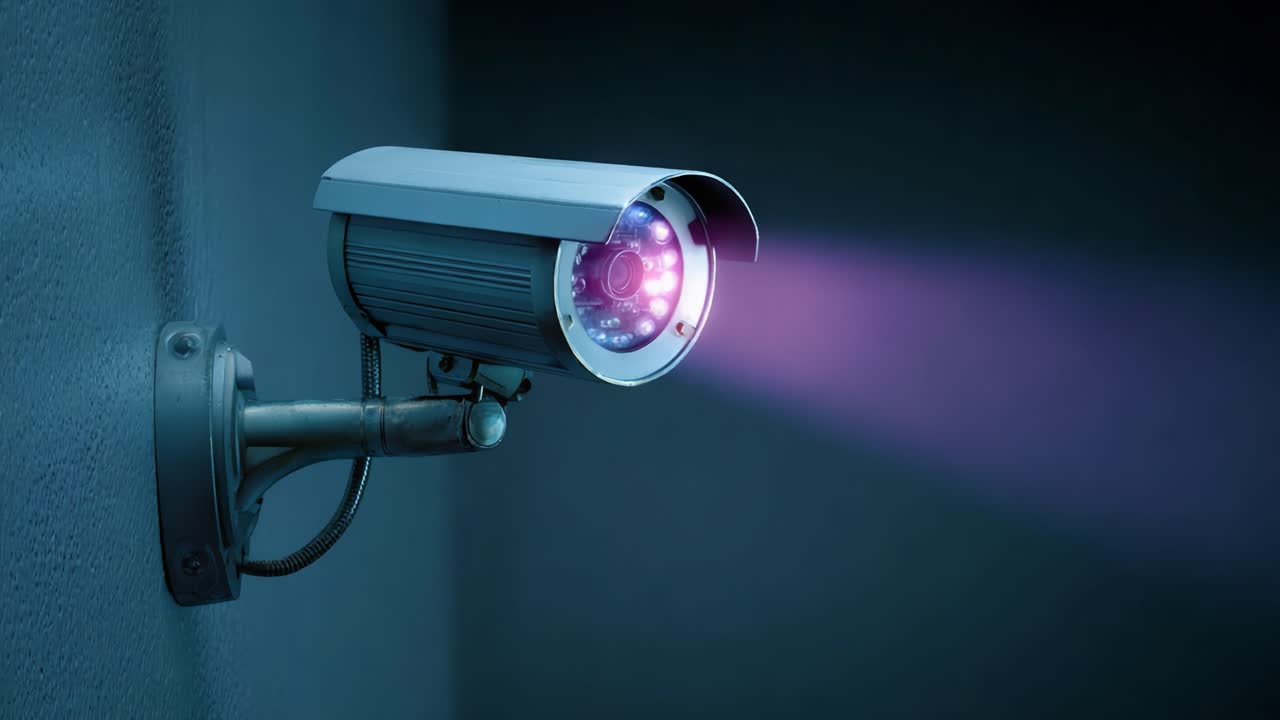 Surveillance Camera Capturing Light: A Close-Up of a Security Device with Illuminated Lens Highlighting its High-Tech Features and Functionality