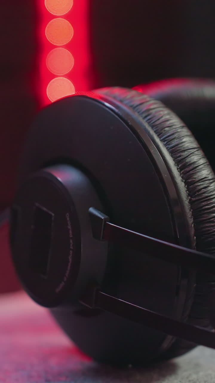 primer plano de auriculares negros sobre la oreja en una habitación de estudio débilmente iluminada, iluminada por una iluminación dinámica verde, azul y roja.