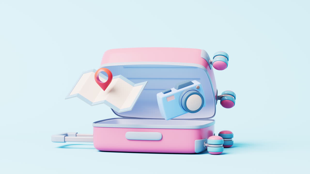 animación de bucle de equipaje de estilo de dibujos animados con tema de viaje, renderización 3d.