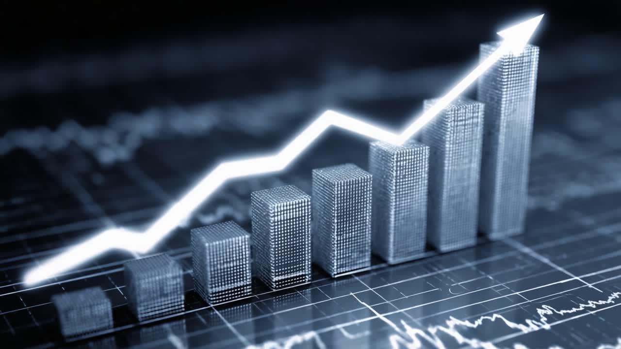 A visually striking representation of financial growth and trends through a stylized graph featuring rising bars and a dynamic upward arrow, illustrating progress and success