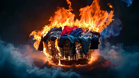 a basket full of clothes on fire in the dark