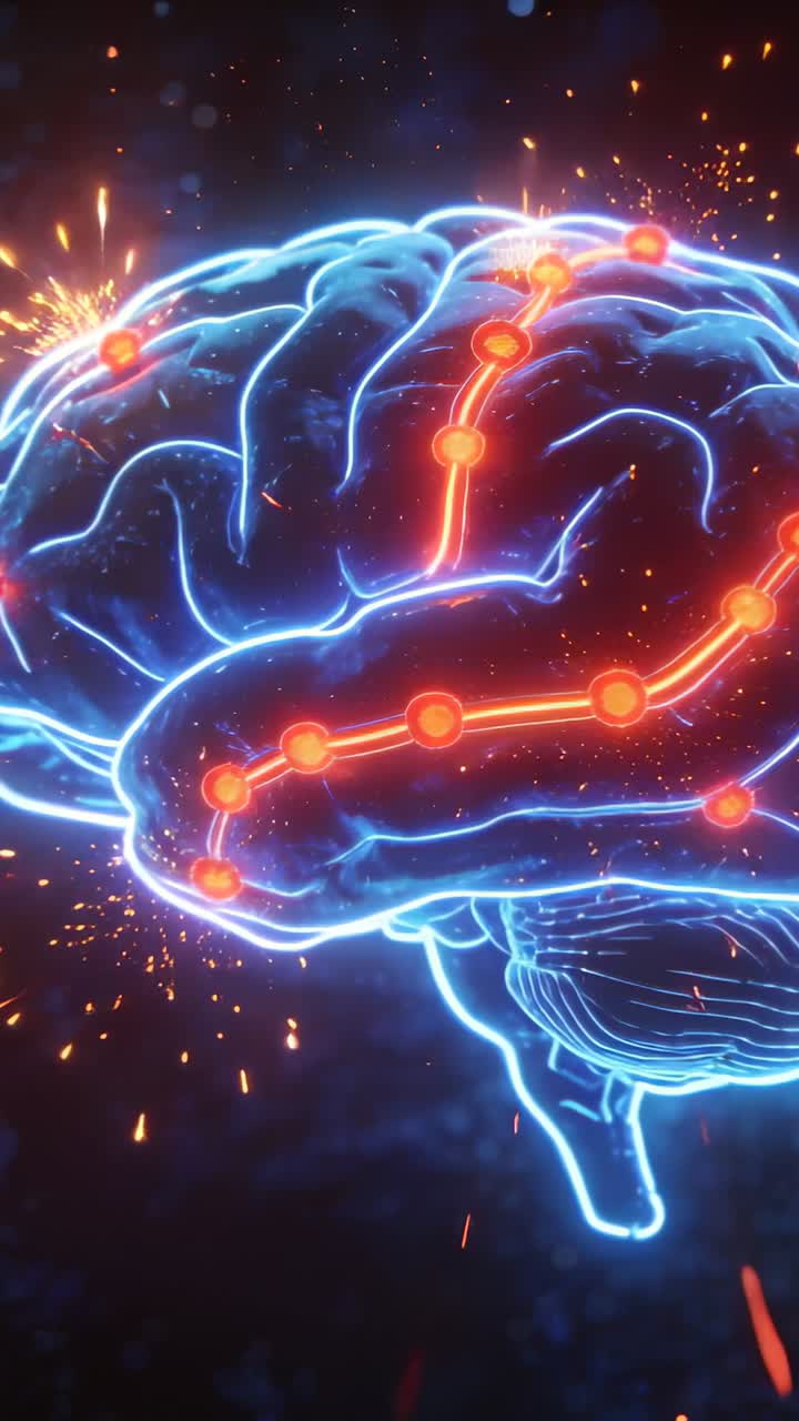 Vertical video: Pulsing neon brain in dark void sparking from lit node along path to show signal